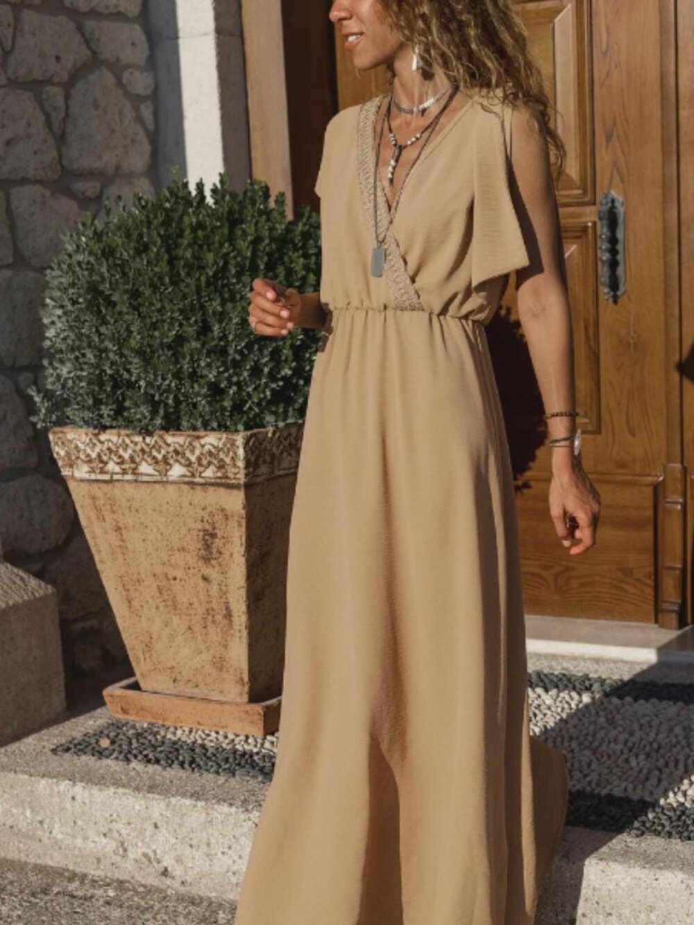 Elegant Beige Boho Maxi Dress – V-Neck Flutter Sleeve Summer Dress – Brand New